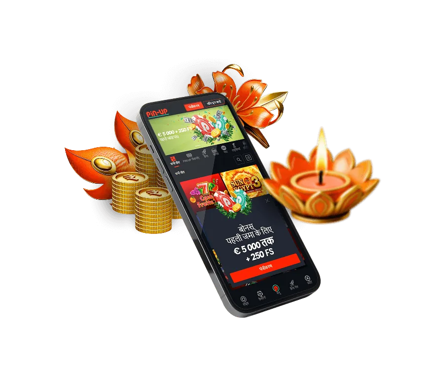 Pin-Up casino on a smartphone surrounded by diyas and gold coins
